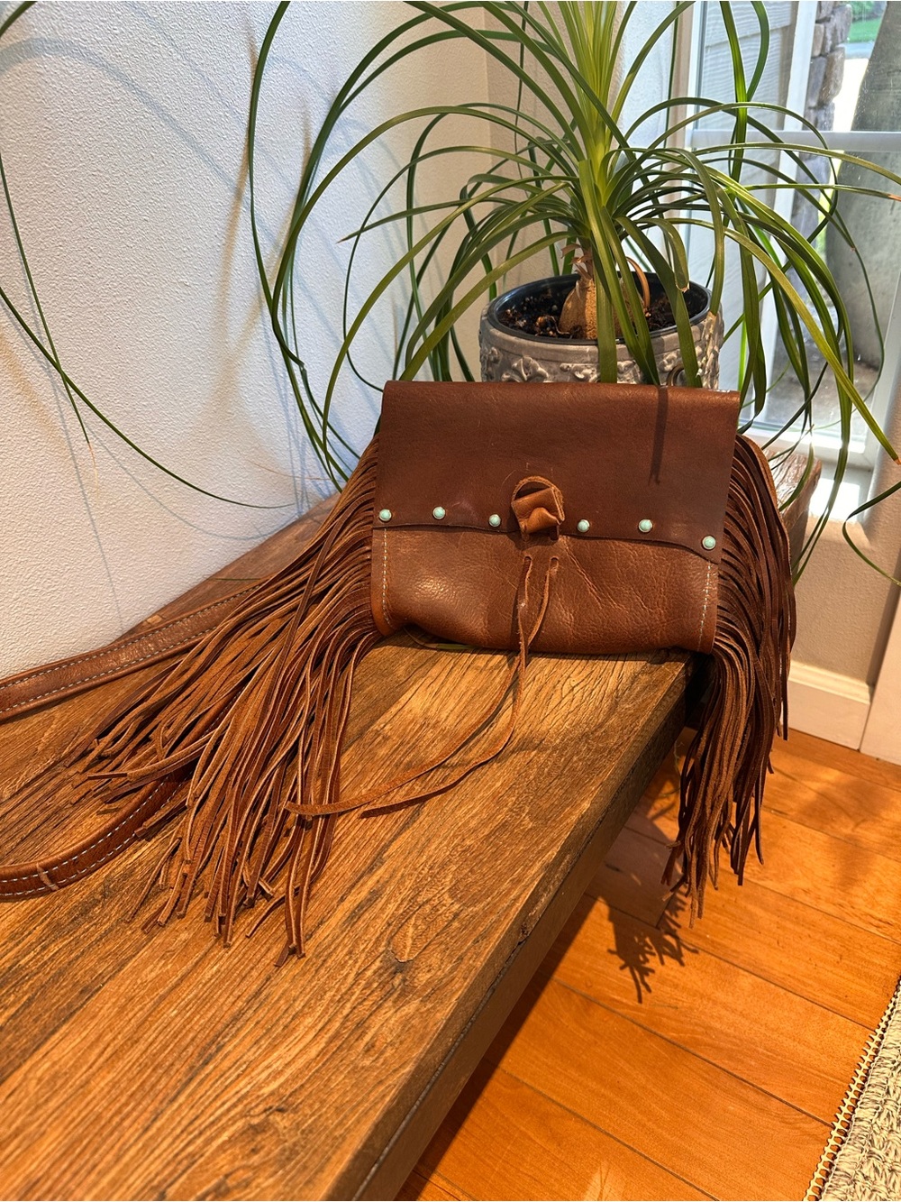 Artisan Brown Leather Fringe Crossbody with Turquoise Studs